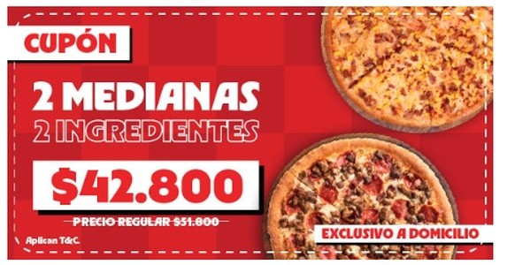 Imagen promocional de Dos Pizzas Medianas 2 Ing. por solo $42.800